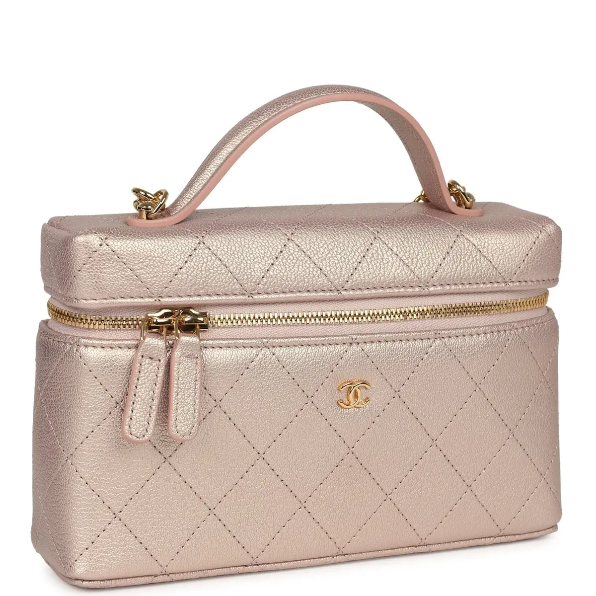 Chanel Chanel Top Handle Long Vanity Case with Chain Pink Iridescent Grained Goatskin Gold Hardware | Thumbnail 2 Chanel Chanel Top Handle Long Vanity Case with Chain Pink Iridescent Grained Goatskin Gold Hardware | Thumbnail 2