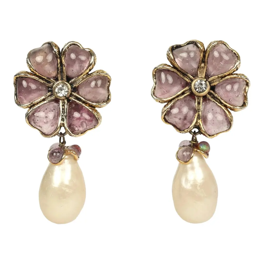 Chanel Vintage Chanel Gripoix Flower and Pearl Drop Earrings Purple Gold Plated Hardware | Image 1 Chanel Vintage Chanel Gripoix Flower and Pearl Drop Earrings Purple Gold Plated Hardware | Image 1