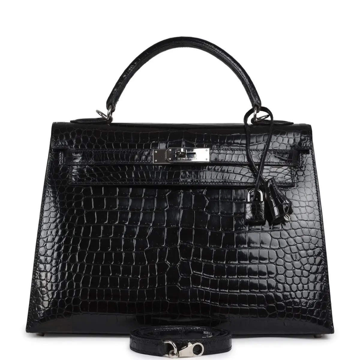 HERMÈS Vintage Hermes Kelly Sellier 32 Black Shiny Porosus Crocodile Palladium Hardware | Image 1 HERMÈS Vintage Hermes Kelly Sellier 32 Black Shiny Porosus Crocodile Palladium Hardware | Image 1