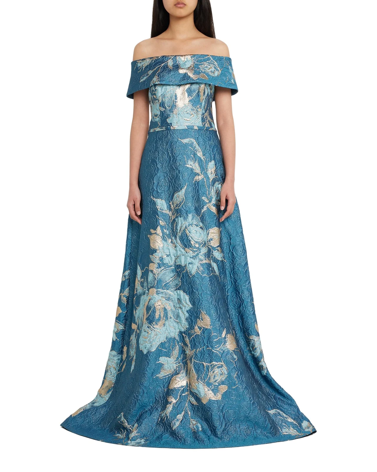 Off-Shoulder Metallic Flower Jacquard Gown Off-Shoulder Metallic Flower Jacquard Gown