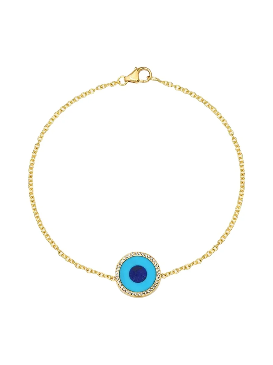 Mini Turquoise Inlay Evil Eye Bracelet with Diamonds, 6.5"L