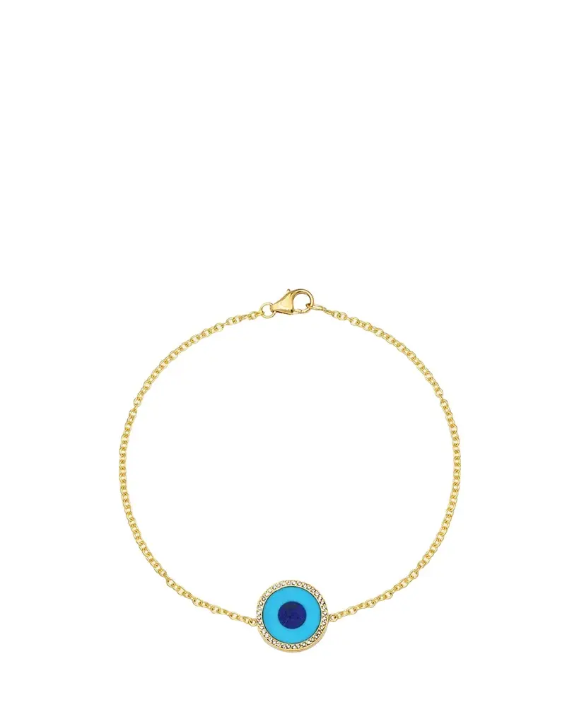 Jennifer Meyer Mini Turquoise Inlay Evil Eye Bracelet with Diamonds, 6.5"L