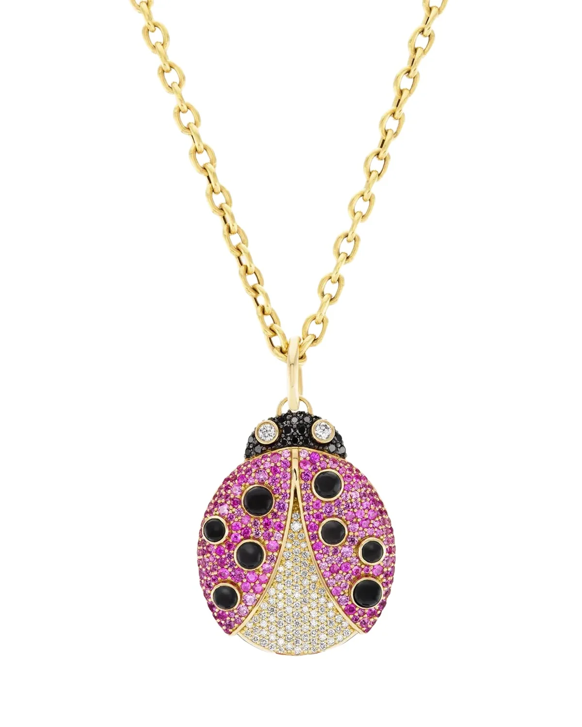 18K Pink Sapphire Ladybug Pendant Necklace with Diamonds 18K Pink Sapphire Ladybug Pendant Necklace with Diamonds