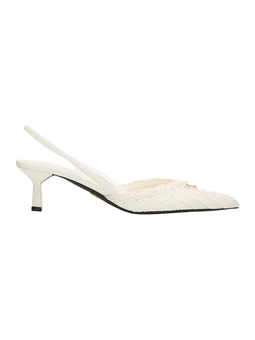 Prada 55mm Triangle Logo Woven Leather Slingback Pumps