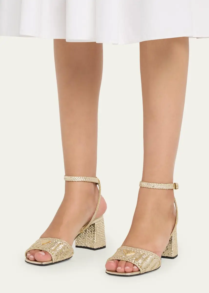Prada 65mm Madras Woven Metallic Leather Ankle-Strap Sandals | Thumbnail 2 Prada 65mm Madras Woven Metallic Leather Ankle-Strap Sandals | Thumbnail 2