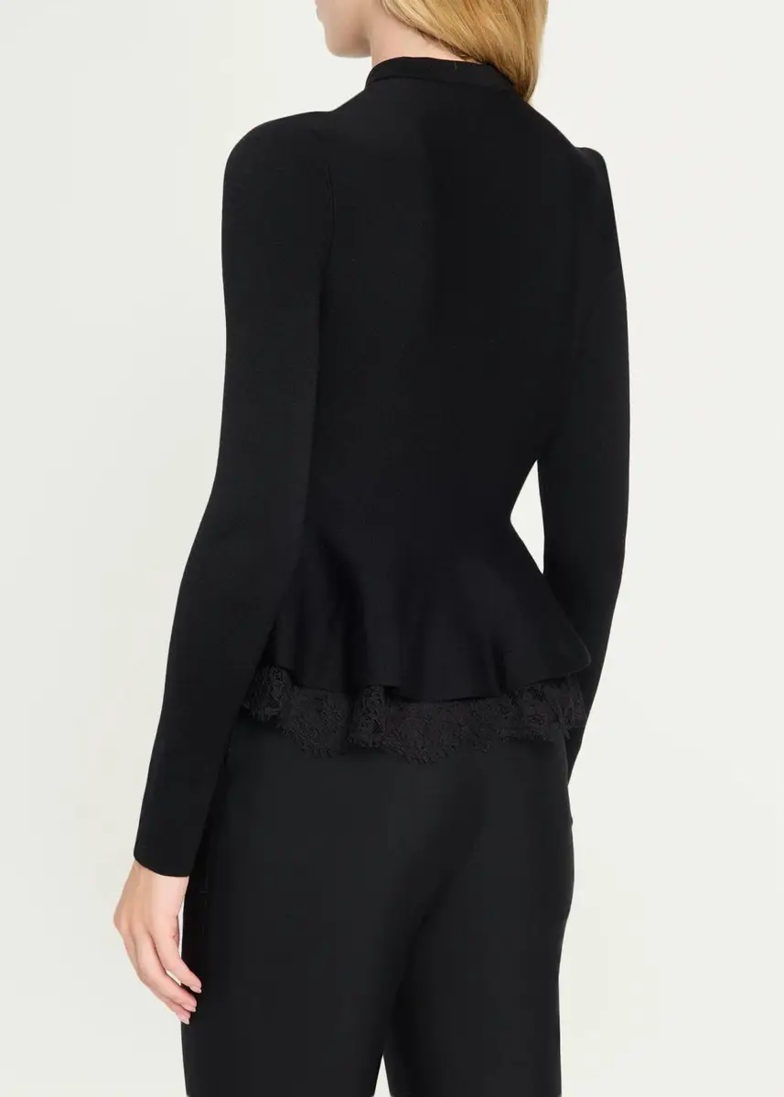 Alexander McQueen Lace-Trim Peplum Wool Crewneck Cardigan | Thumbnail 3 Alexander McQueen Lace-Trim Peplum Wool Crewneck Cardigan | Thumbnail 3