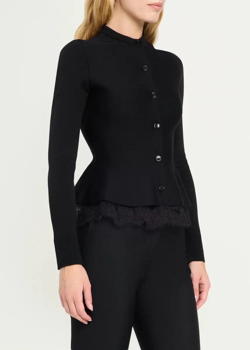 Alexander McQueen Lace-Trim Peplum Wool Crewneck Cardigan | Thumbnail 4 Alexander McQueen Lace-Trim Peplum Wool Crewneck Cardigan | Thumbnail 4