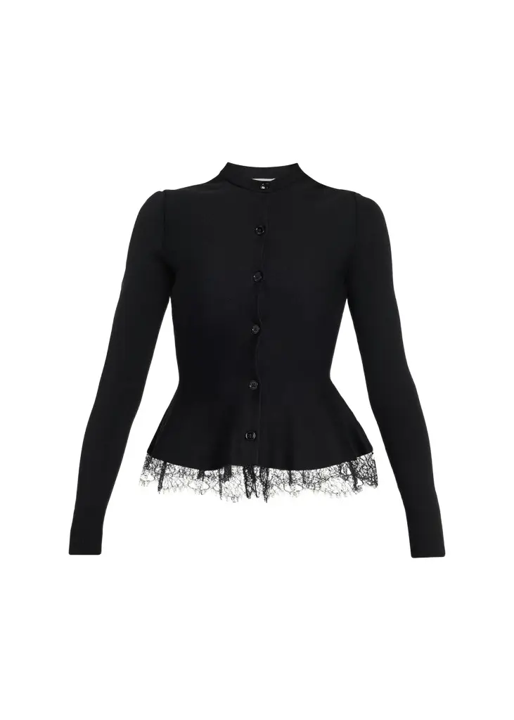 Alexander McQueen Lace-Trim Peplum Wool Crewneck Cardigan