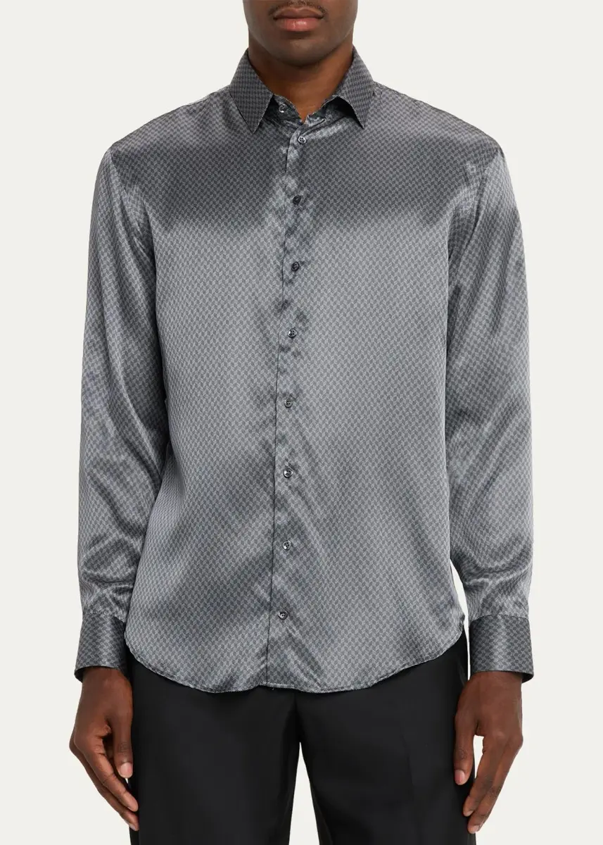 Giorgio Armani Men's Silk Chevron Button-Front Shirt | Thumbnail 4 Giorgio Armani Men's Silk Chevron Button-Front Shirt | Thumbnail 4