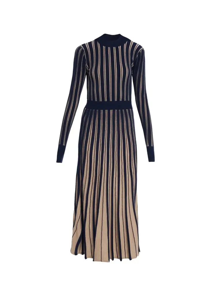 Cara Cara Mariella Striped Pleated Merino Wool Maxi Dress