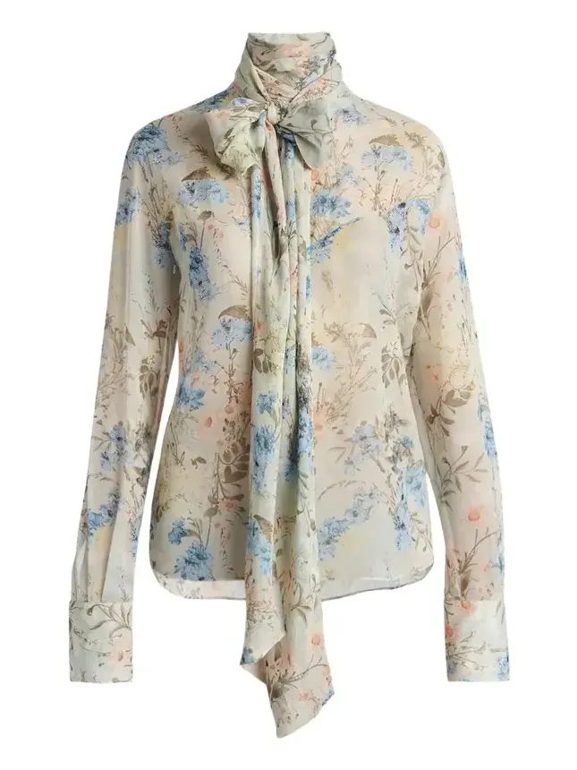 Floral Tieneck Silk Blouse