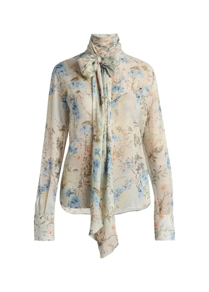 Alexander McQueen Floral Tieneck Silk Blouse