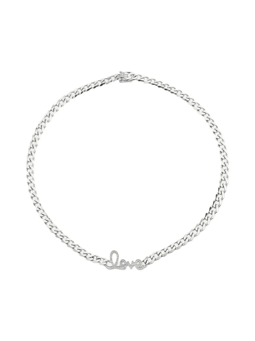 Sydney Evan 14K White Gold Diamond Love Script Curb-Link Necklace