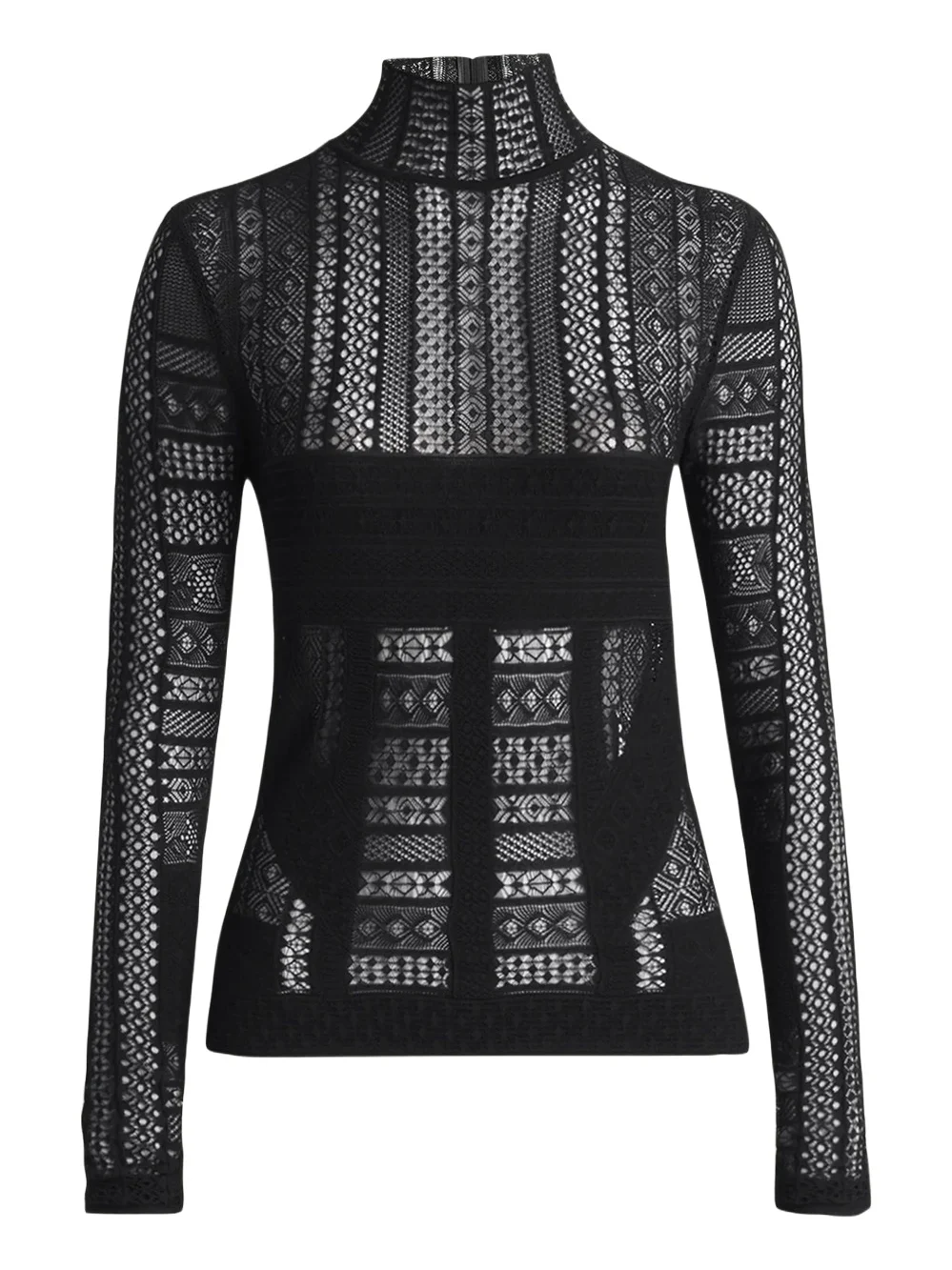 Mixed Lace Long-Sleeve Turtleneck Top