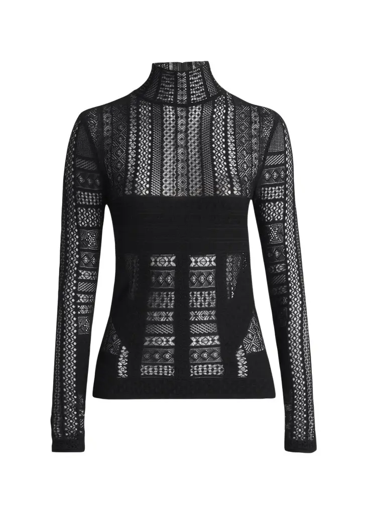 Alexander McQueen Mixed Lace Long-Sleeve Turtleneck Top