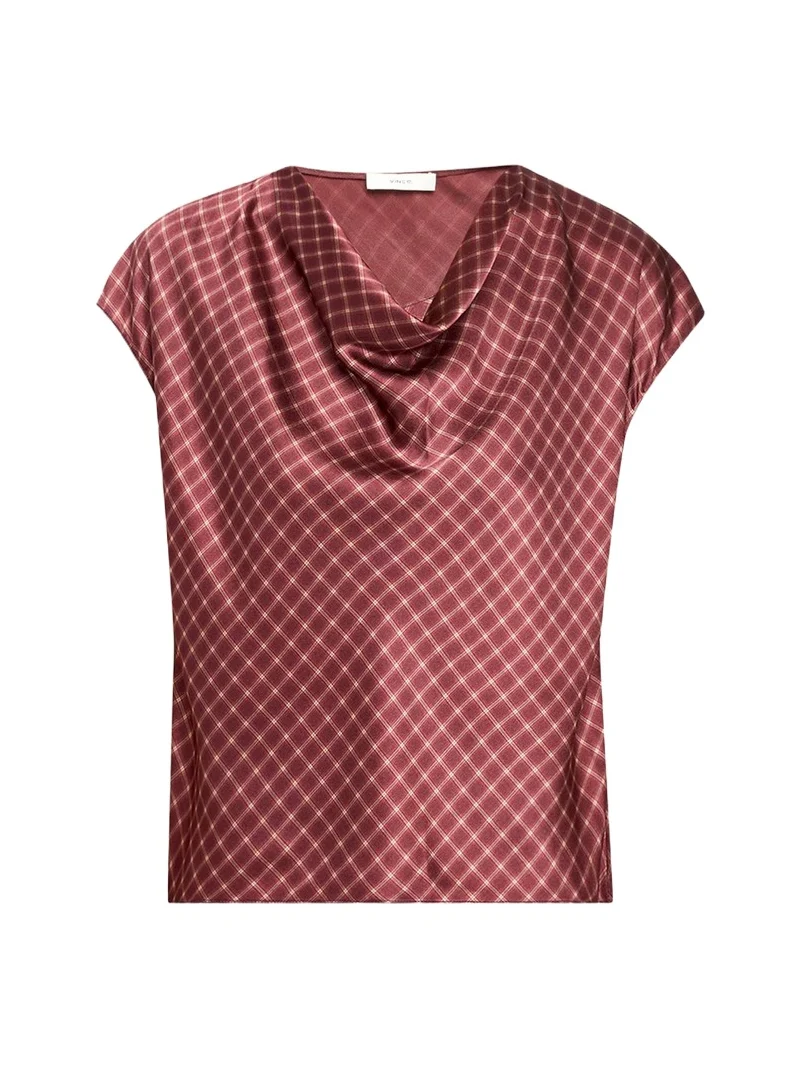 Ombré Plaid Silk Satin Cowl-Neck Blouse Ombré Plaid Silk Satin Cowl-Neck Blouse
