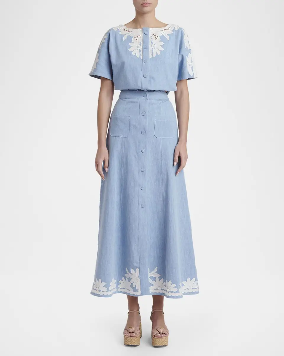 Valentino Garavani Embroidered Denim Button-Front Midi Skirt | Thumbnail 2 Valentino Garavani Embroidered Denim Button-Front Midi Skirt | Thumbnail 2