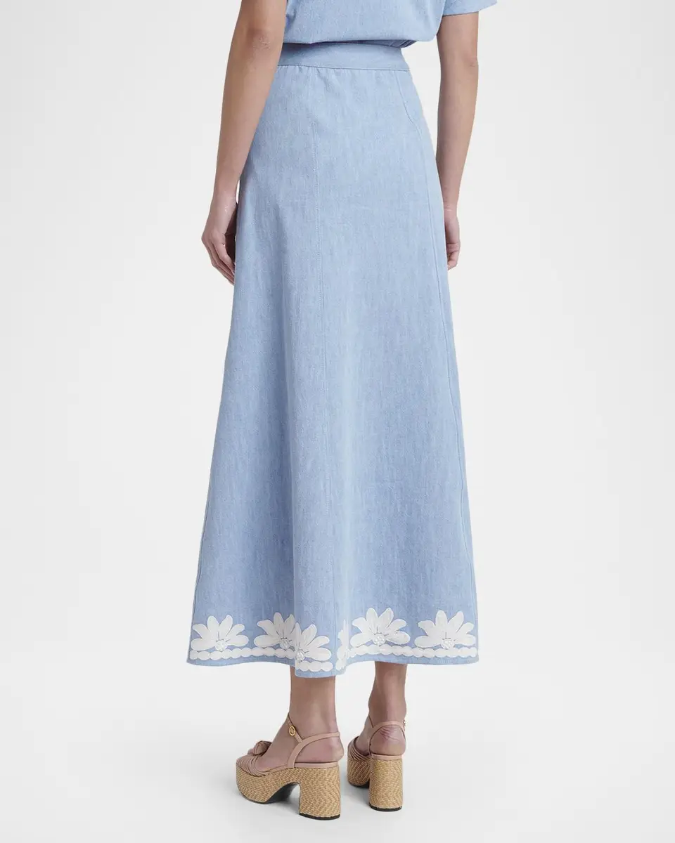 Valentino Garavani Embroidered Denim Button-Front Midi Skirt | Thumbnail 3 Valentino Garavani Embroidered Denim Button-Front Midi Skirt | Thumbnail 3