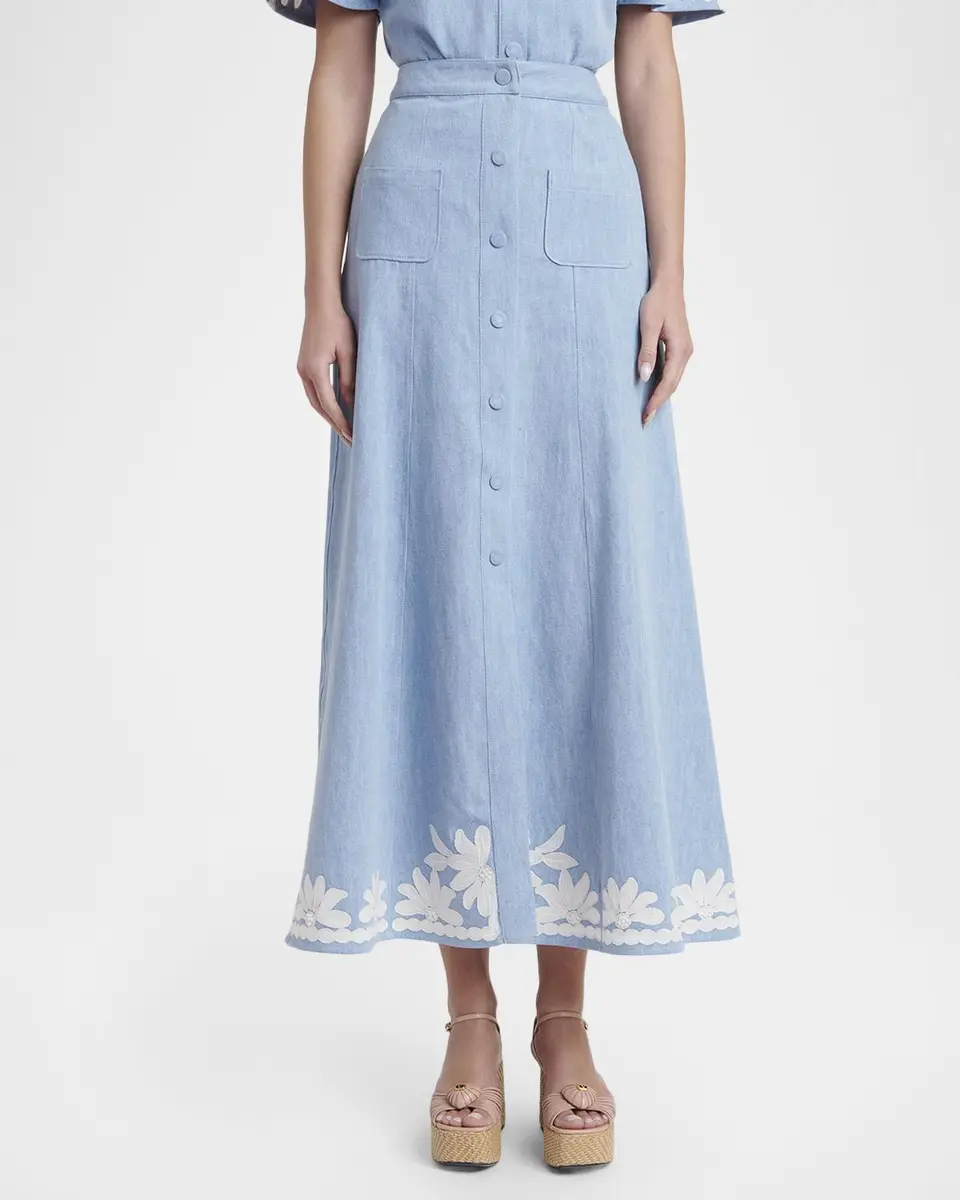 Valentino Garavani Embroidered Denim Button-Front Midi Skirt | Thumbnail 4 Valentino Garavani Embroidered Denim Button-Front Midi Skirt | Thumbnail 4