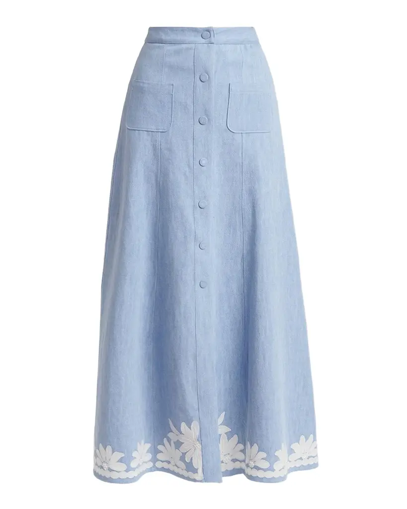 Valentino Garavani Embroidered Denim Button-Front Midi Skirt | Image 1 Valentino Garavani Embroidered Denim Button-Front Midi Skirt | Image 1