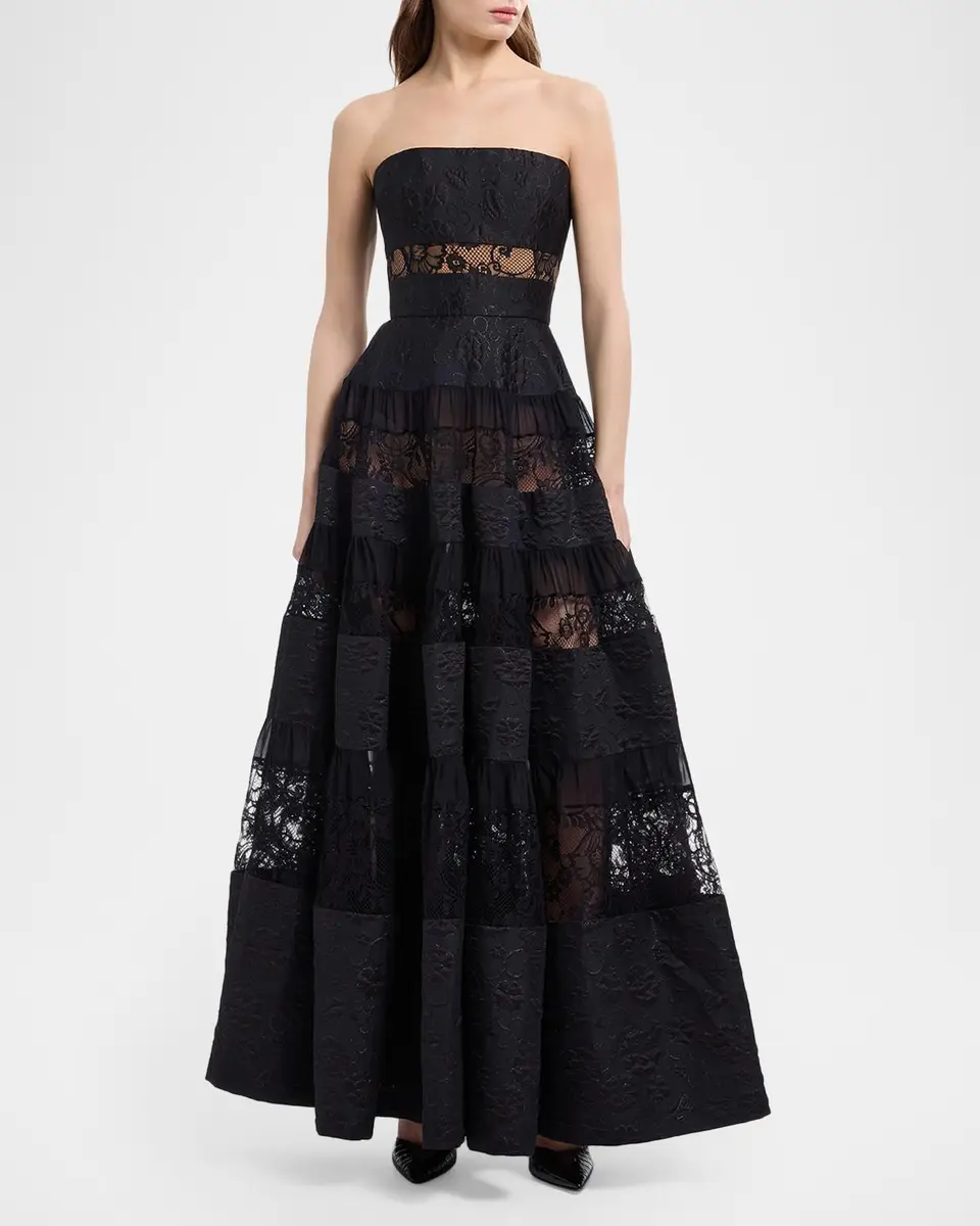 Elie Saab Strapless Floral Brocade Tiered Lace-Inset Gown | Thumbnail 2 Elie Saab Strapless Floral Brocade Tiered Lace-Inset Gown | Thumbnail 2