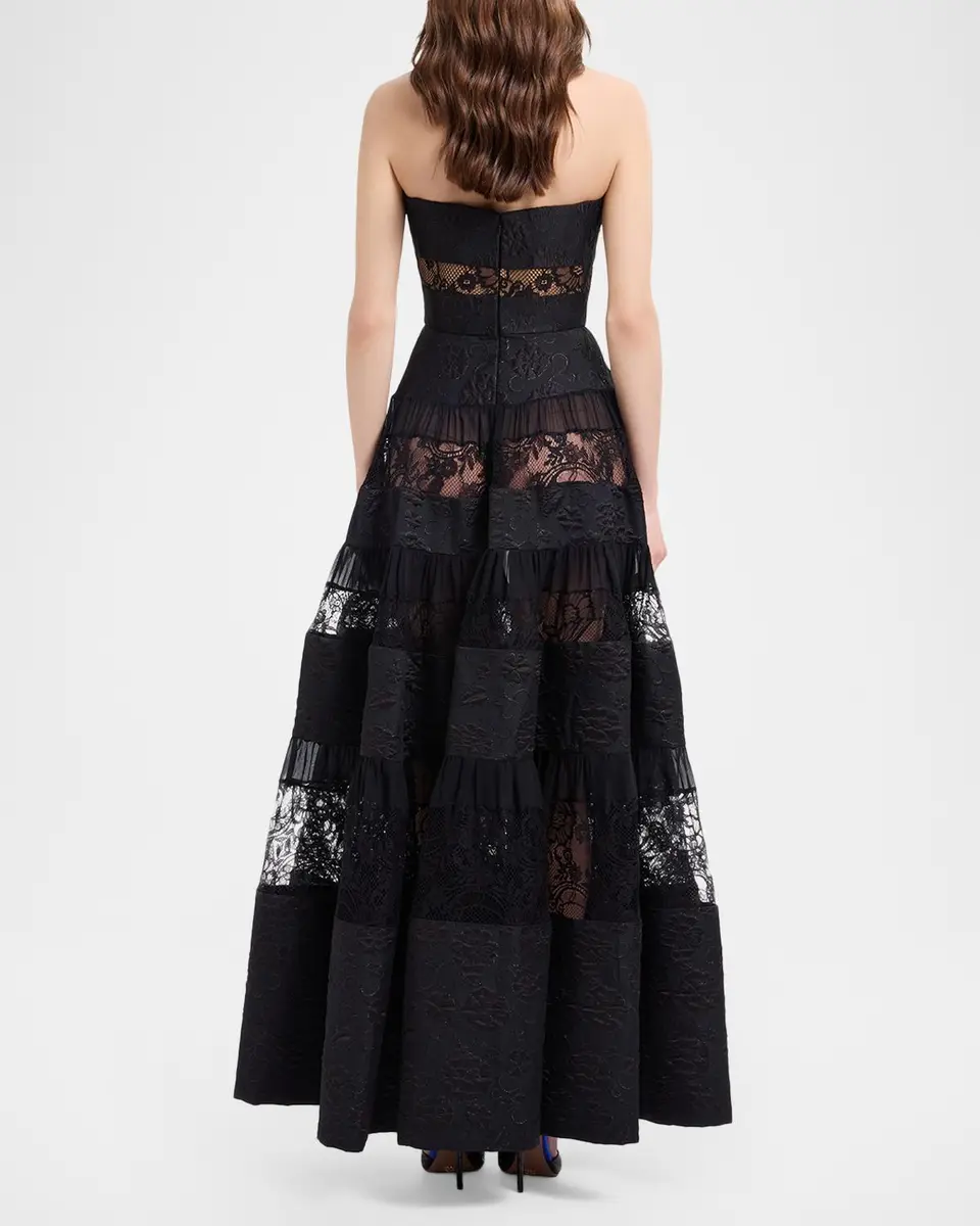 Elie Saab Strapless Floral Brocade Tiered Lace-Inset Gown | Thumbnail 3 Elie Saab Strapless Floral Brocade Tiered Lace-Inset Gown | Thumbnail 3