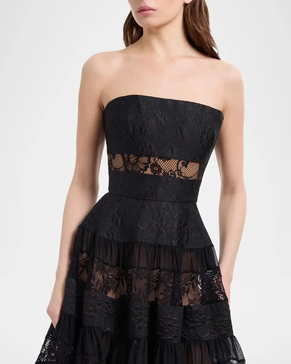 Elie Saab Strapless Floral Brocade Tiered Lace-Inset Gown | Thumbnail 4 Elie Saab Strapless Floral Brocade Tiered Lace-Inset Gown | Thumbnail 4
