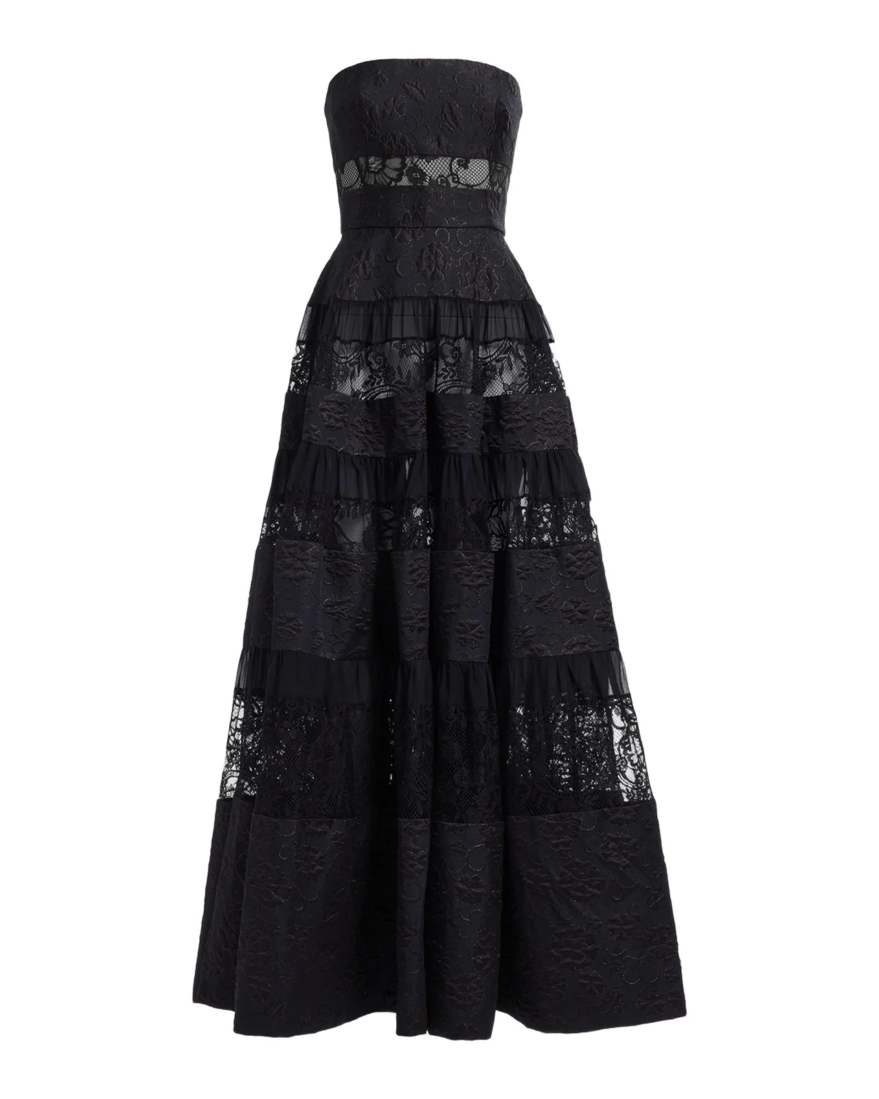 Strapless Floral Brocade Tiered Lace-Inset Gown