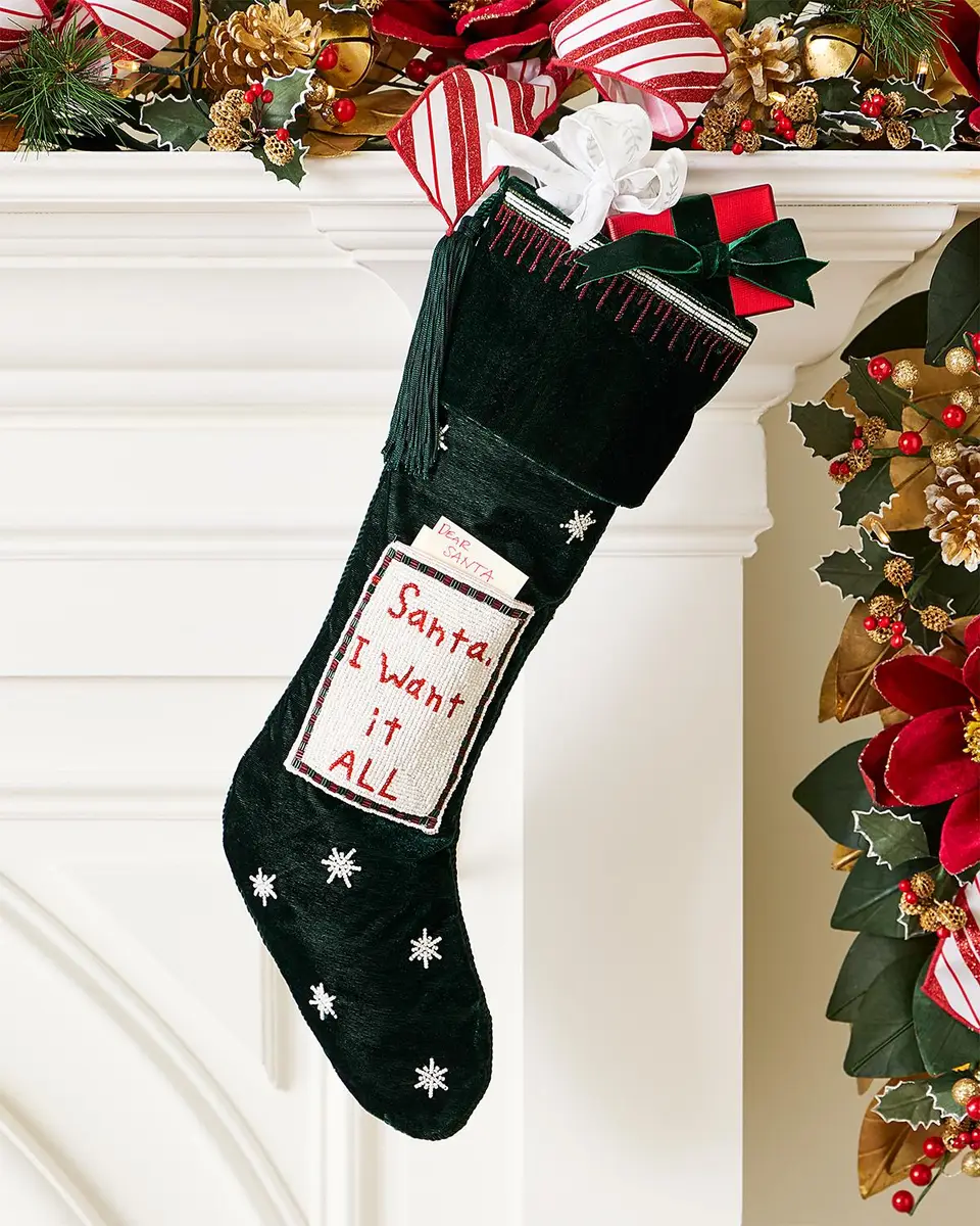 Sudha Pennathur Personalized Green Stocking with Santa I Want It All Pocket | Thumbnail 2 Sudha Pennathur Personalized Green Stocking with Santa I Want It All Pocket | Thumbnail 2