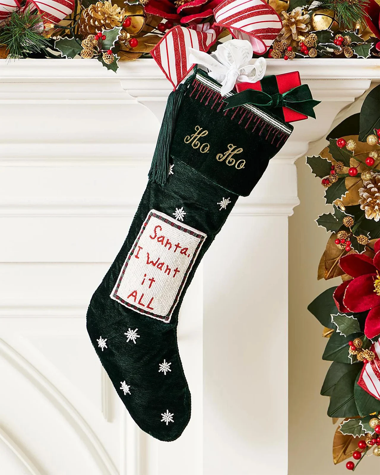 Sudha Pennathur Personalized Green Stocking with Santa I Want It All Pocket