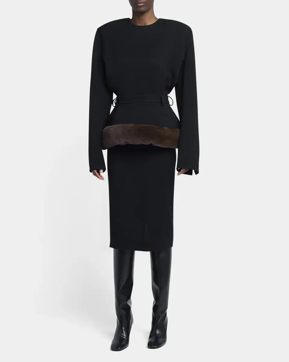 Stella McCartney Long-Sleeve Belted Faux-Fur Peplum Midi Dress | Thumbnail 2