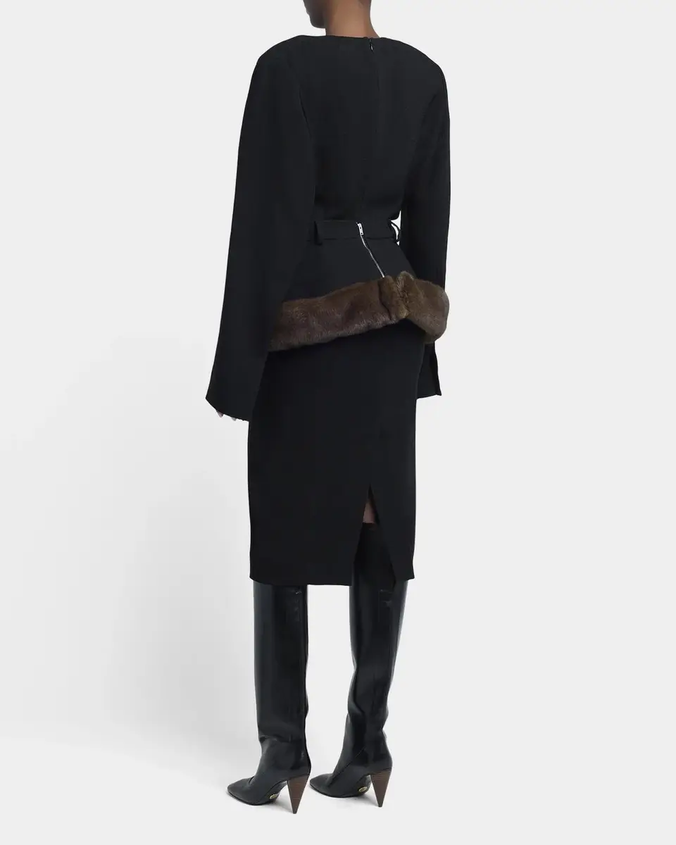 Stella McCartney Long-Sleeve Belted Faux-Fur Peplum Midi Dress | Thumbnail 3