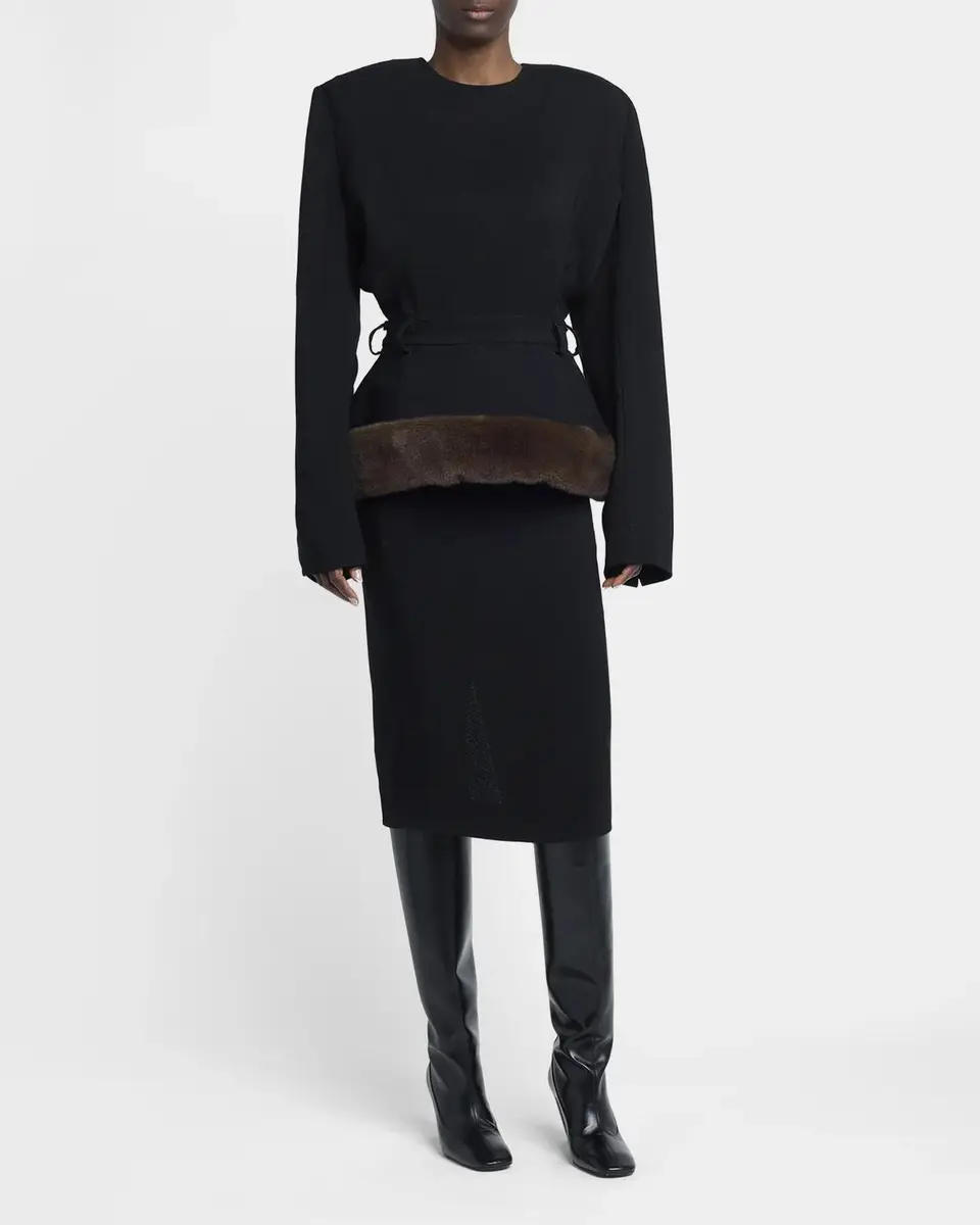 Stella McCartney Long-Sleeve Belted Faux-Fur Peplum Midi Dress | Thumbnail 4