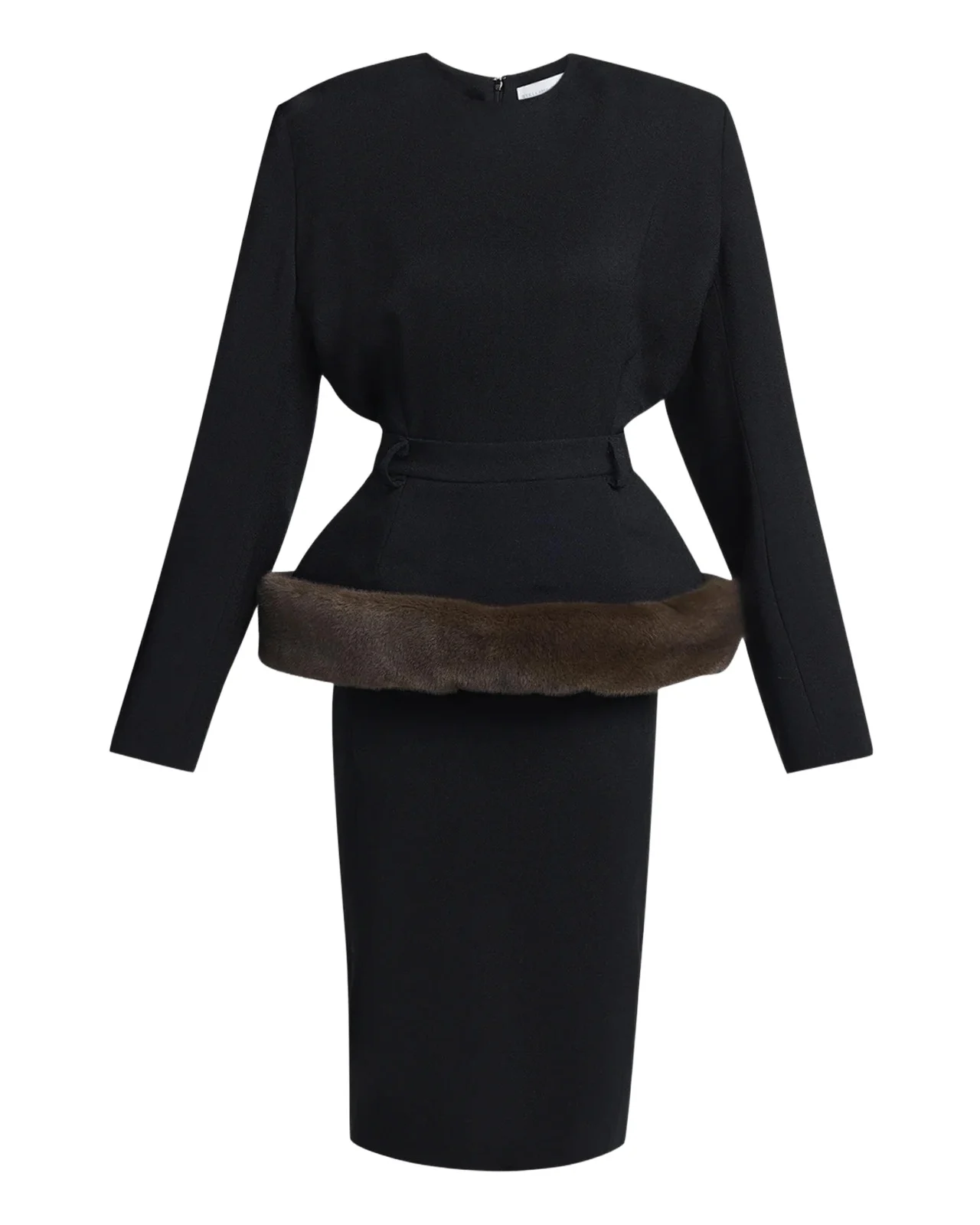 Long-Sleeve Belted Faux-Fur Peplum Midi Dress Long-Sleeve Belted Faux-Fur Peplum Midi Dress