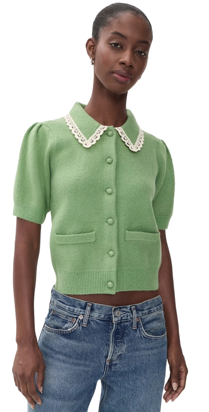 Lace Trim Puff Sleeve Knit Cardigan Lace Trim Puff Sleeve Knit Cardigan