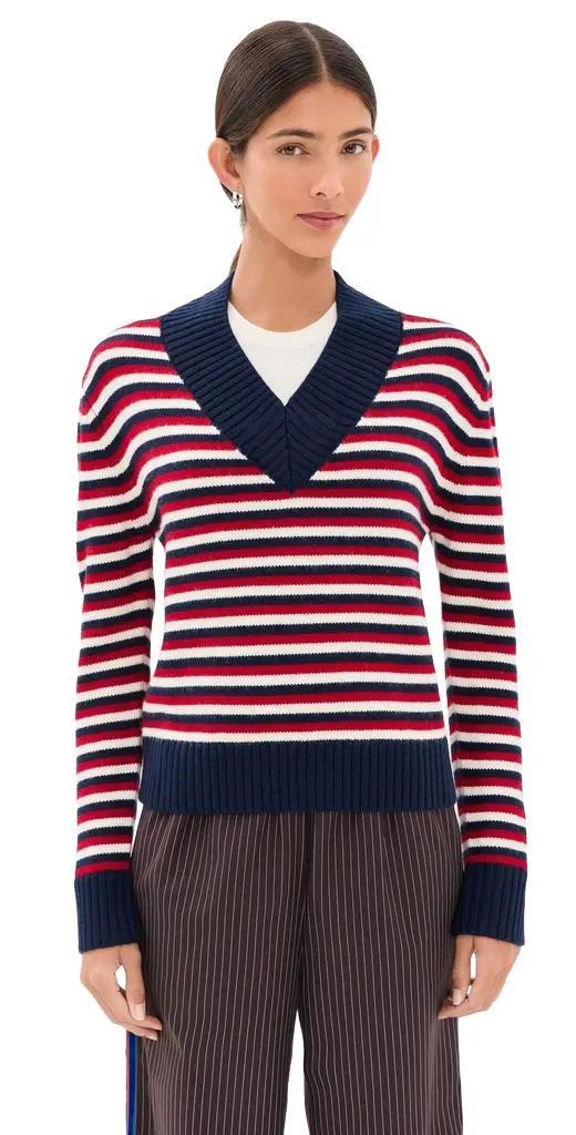Rosie Assoulin Striped V Neck Wool Sweater