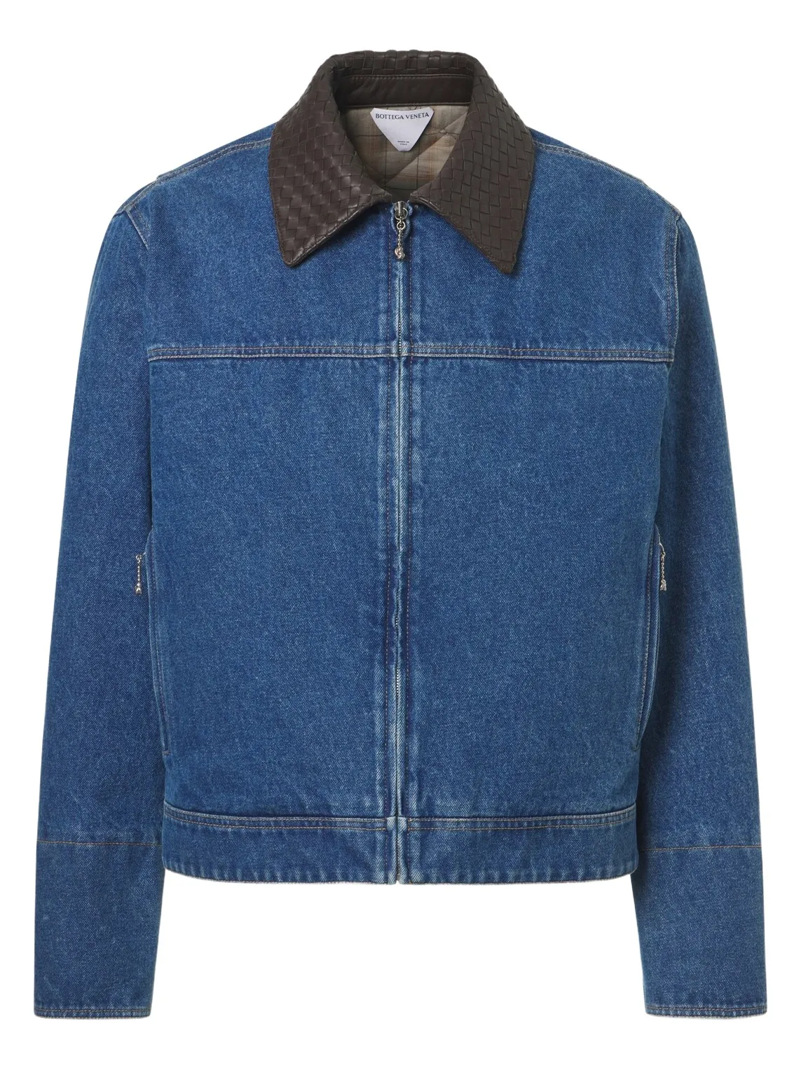 Intrecciato leather-trimmed denim jacket