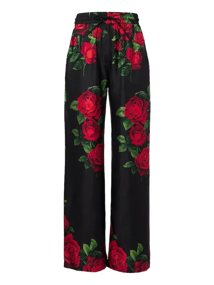 Floral silk satin wide-leg pants
