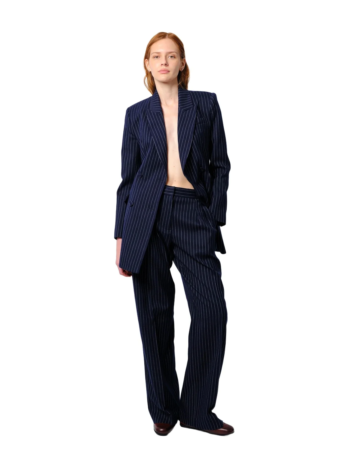 Aknvas The Rune trousers in navy pinstripe