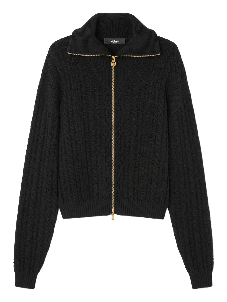 Versace Embroidered Wool Knit Zip Sweater