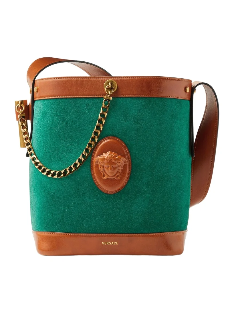 Versace Pivot Small Suede Bucket Bag
