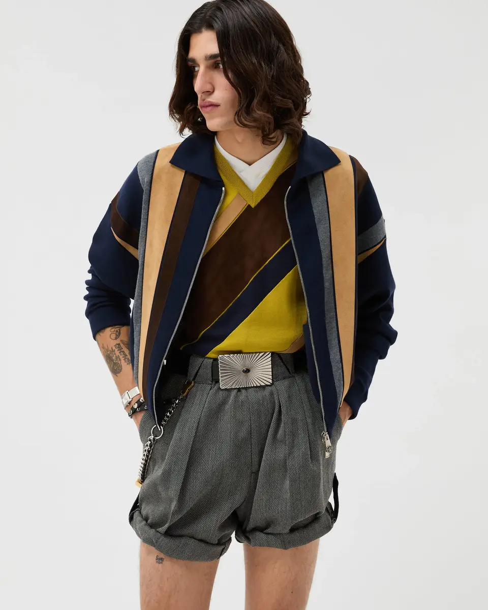 Versace Intarsia-Wool & Leather Patchwork Zip Sweater | Thumbnail 2 Versace Intarsia-Wool & Leather Patchwork Zip Sweater | Thumbnail 2