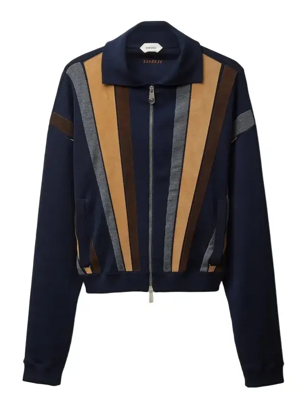 Versace Intarsia-Wool & Leather Patchwork Zip Sweater