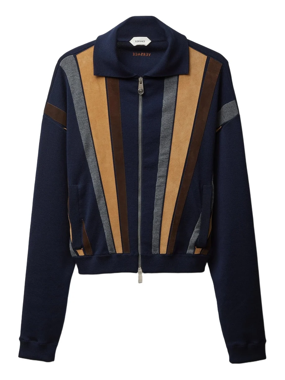 Versace Intarsia-Wool & Leather Patchwork Zip Sweater