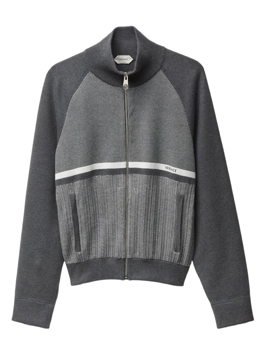 Versace Embroidered Jacquard Cotton Knit Zip Sweater