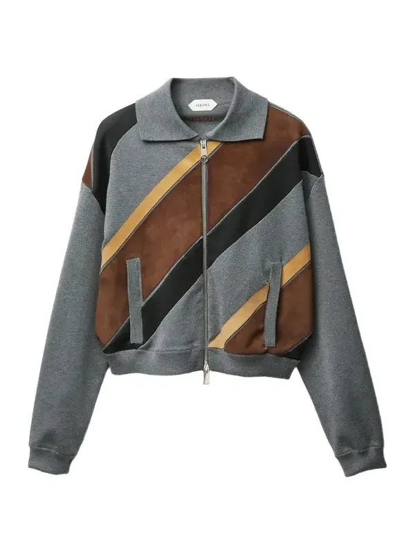 Versace Intarsia-Wool & Leather Patchwork Zip Sweatshirt