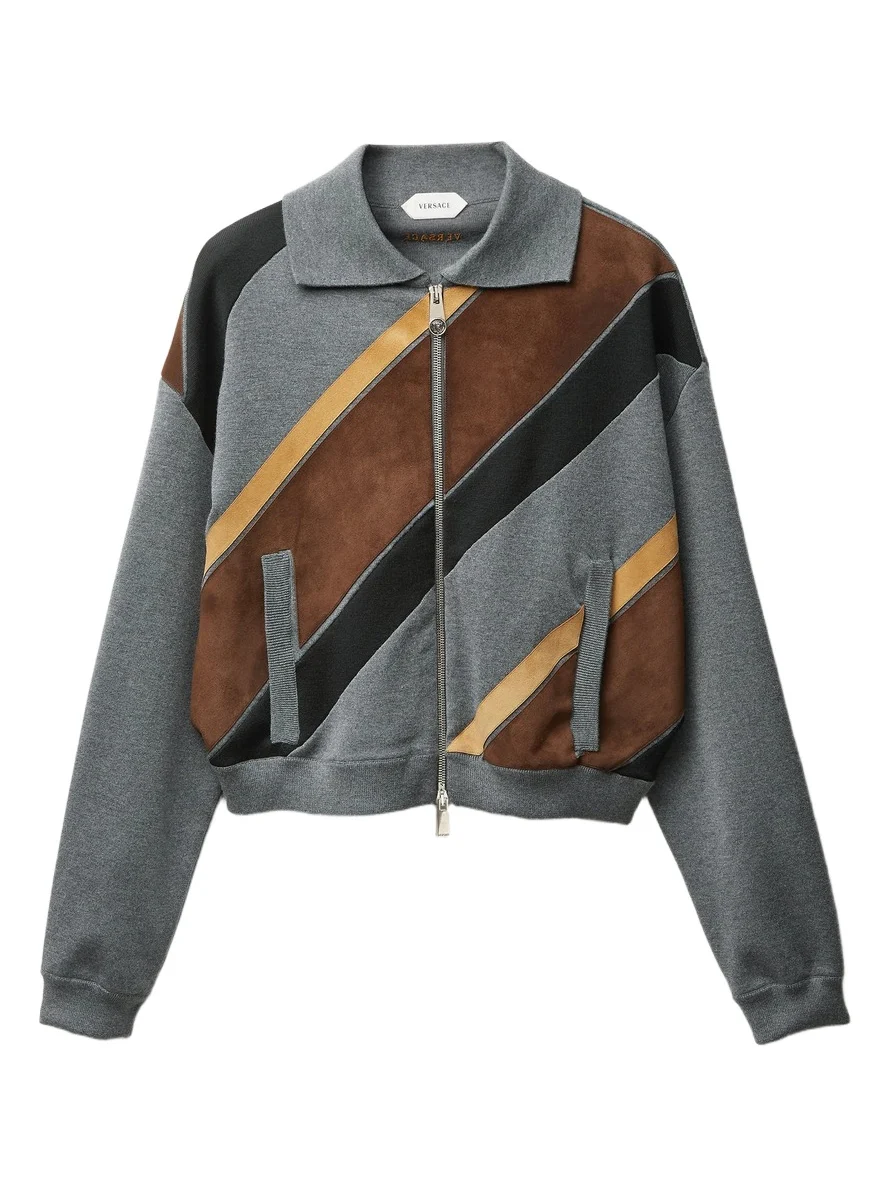 Intarsia-Wool & Leather Patchwork Zip Sweatshirt Intarsia-Wool & Leather Patchwork Zip Sweatshirt