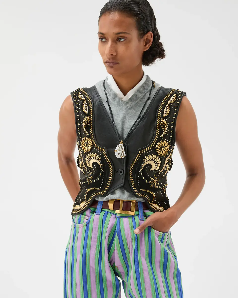 Versace Embroidered Crop Leather Vest | Thumbnail 2 Versace Embroidered Crop Leather Vest | Thumbnail 2