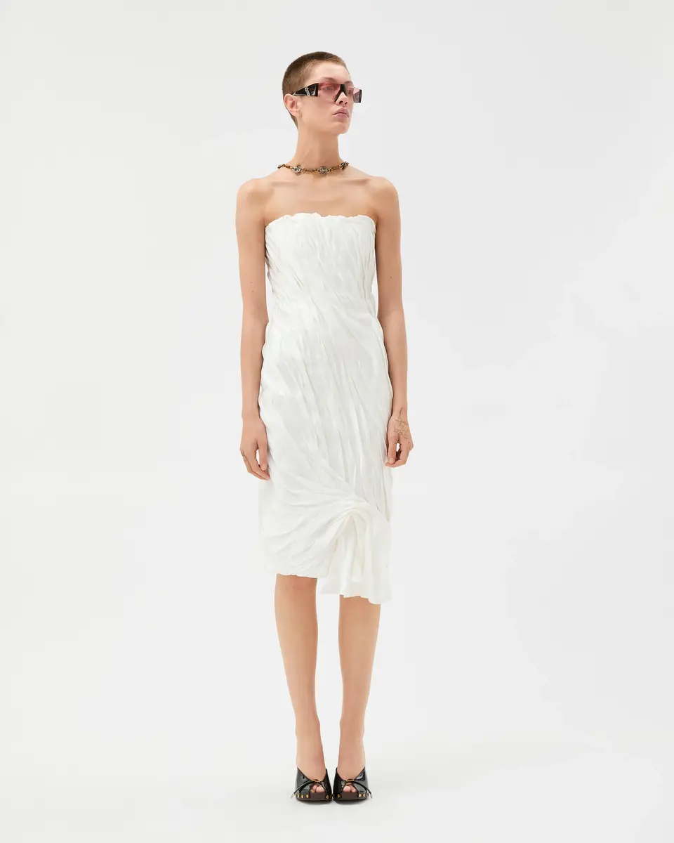 Versace Draped Envers-Satin Strapless Midi Dress | Thumbnail 2 Versace Draped Envers-Satin Strapless Midi Dress | Thumbnail 2