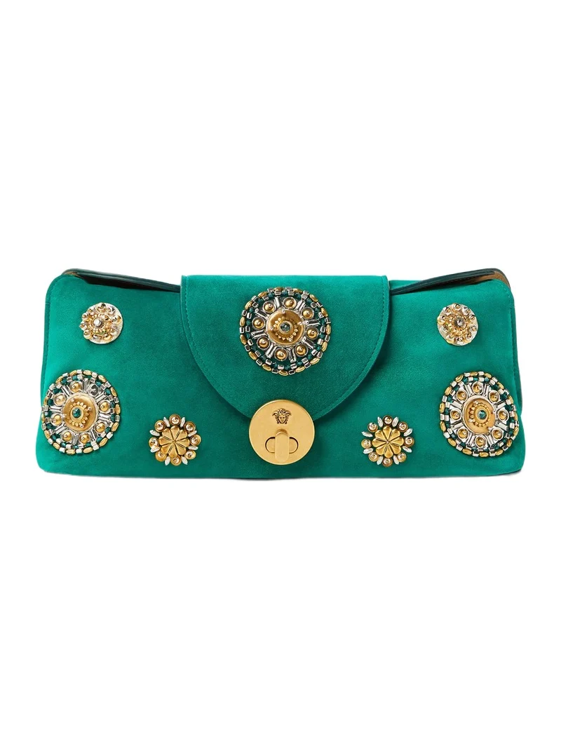 Versace Vivian Embroidered Suede Clutch